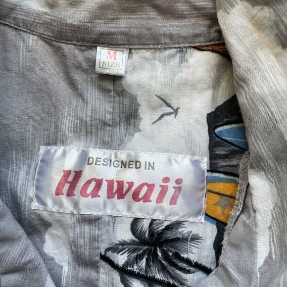 Hawaiian Made Shirt Size Medium Surfboard Button Front Hawaiian Surf Gray Cotton - Picture 4 of 8